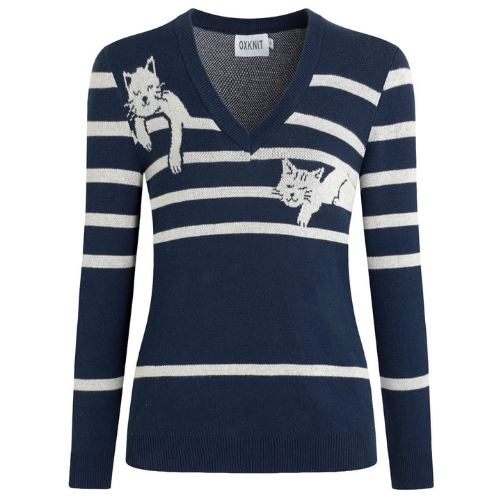 Maglione da donna blu navy anni '60 a righe nautiche con scollo a V stile collegiale