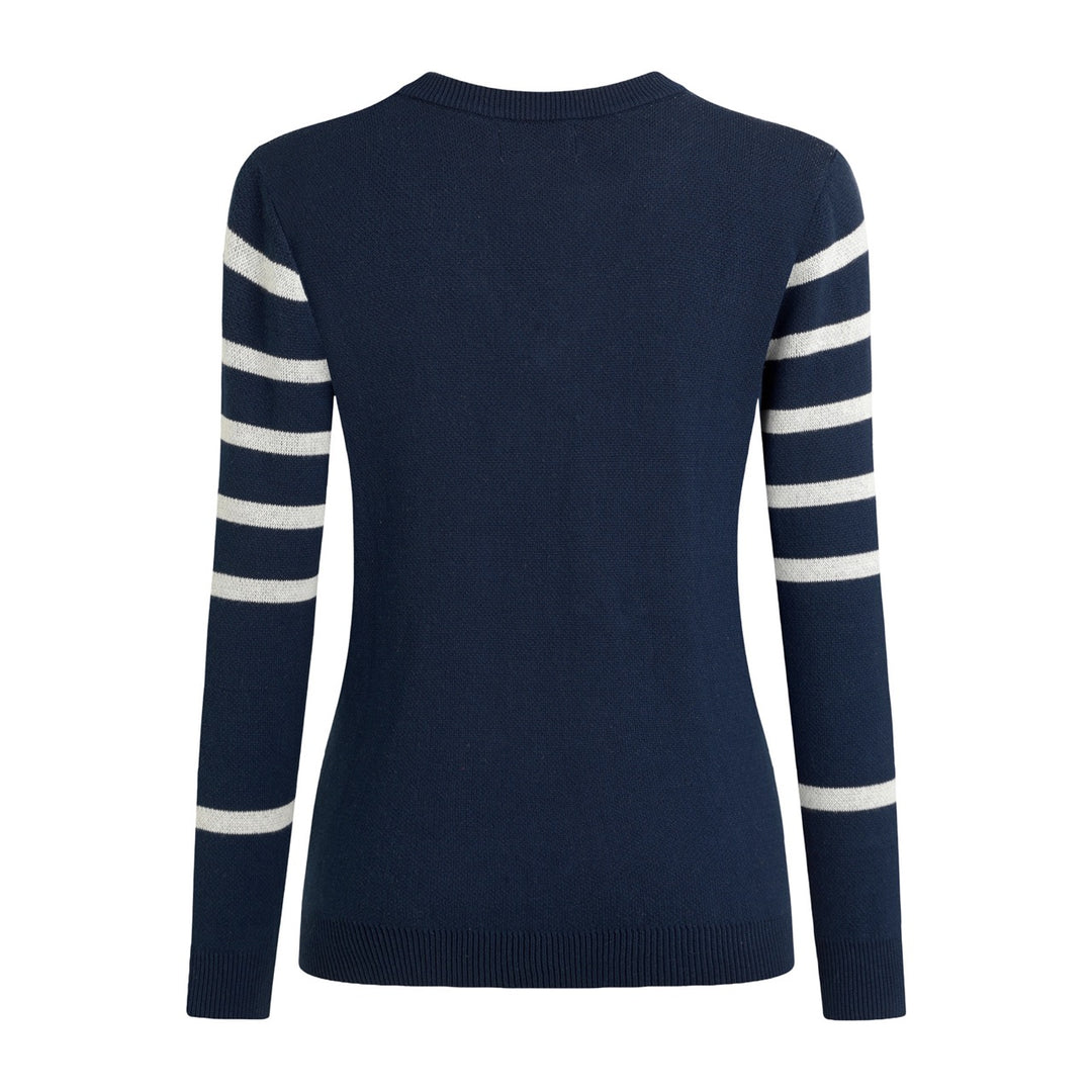 Maglione da donna blu navy anni '60 a righe nautiche con scollo a V stile collegiale