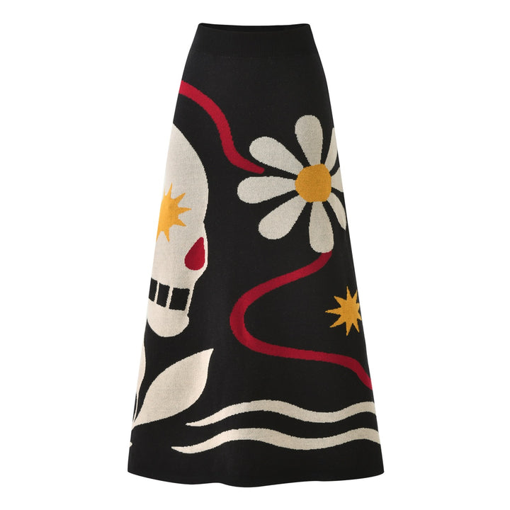 Dame Sort 60'er Boheme Jacquard Striknederdel