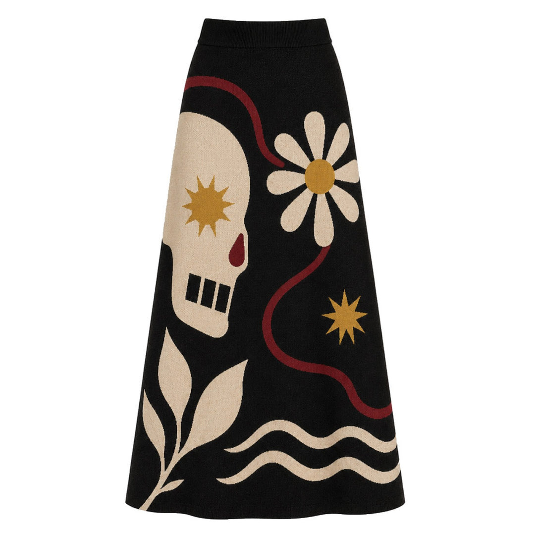 Women's Black 60s Bohemian Jacquard Knit Skirt