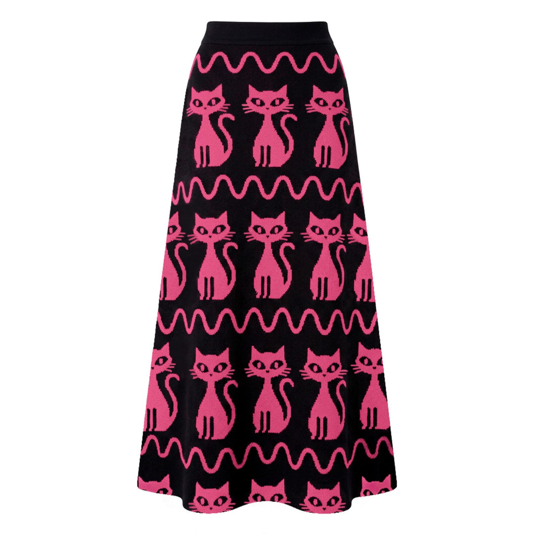 Women's Black 70s Fun Cat Jacquard Knit Skirt