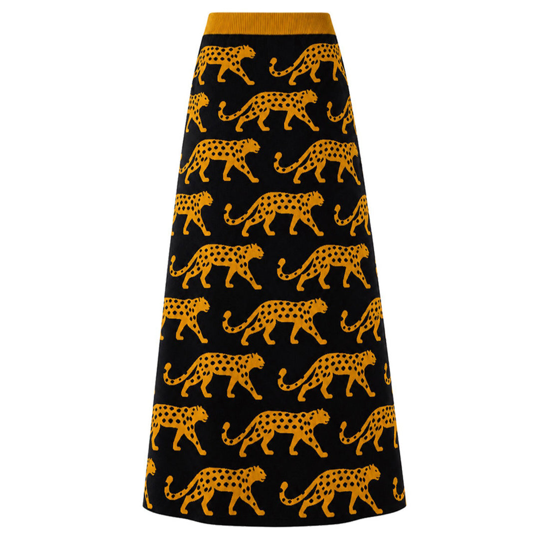 Women's Black Vintage Animal Pop Art Jacquard Knit Skirt