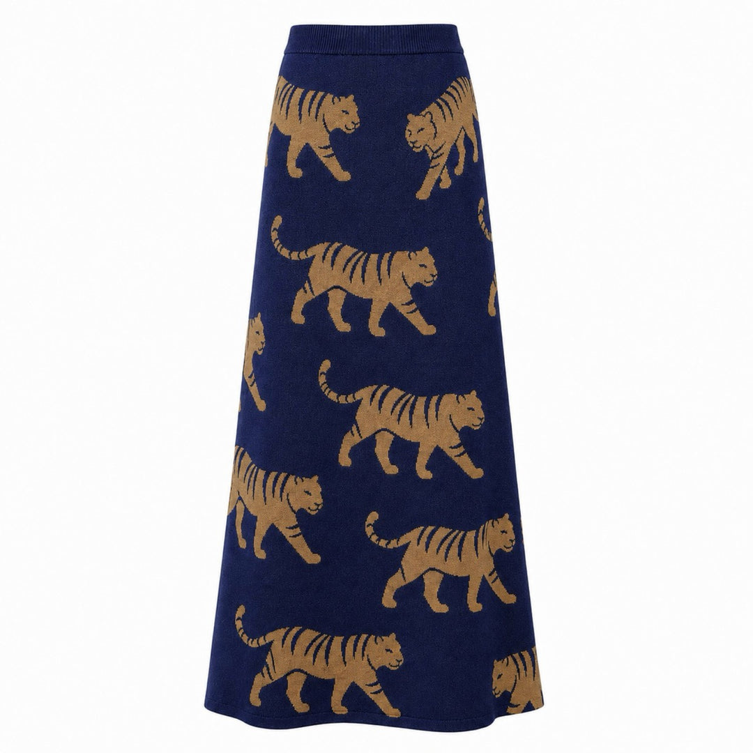 Women's Blue Vintage Fun Pop Art Animal Jacquard Knit Skirt