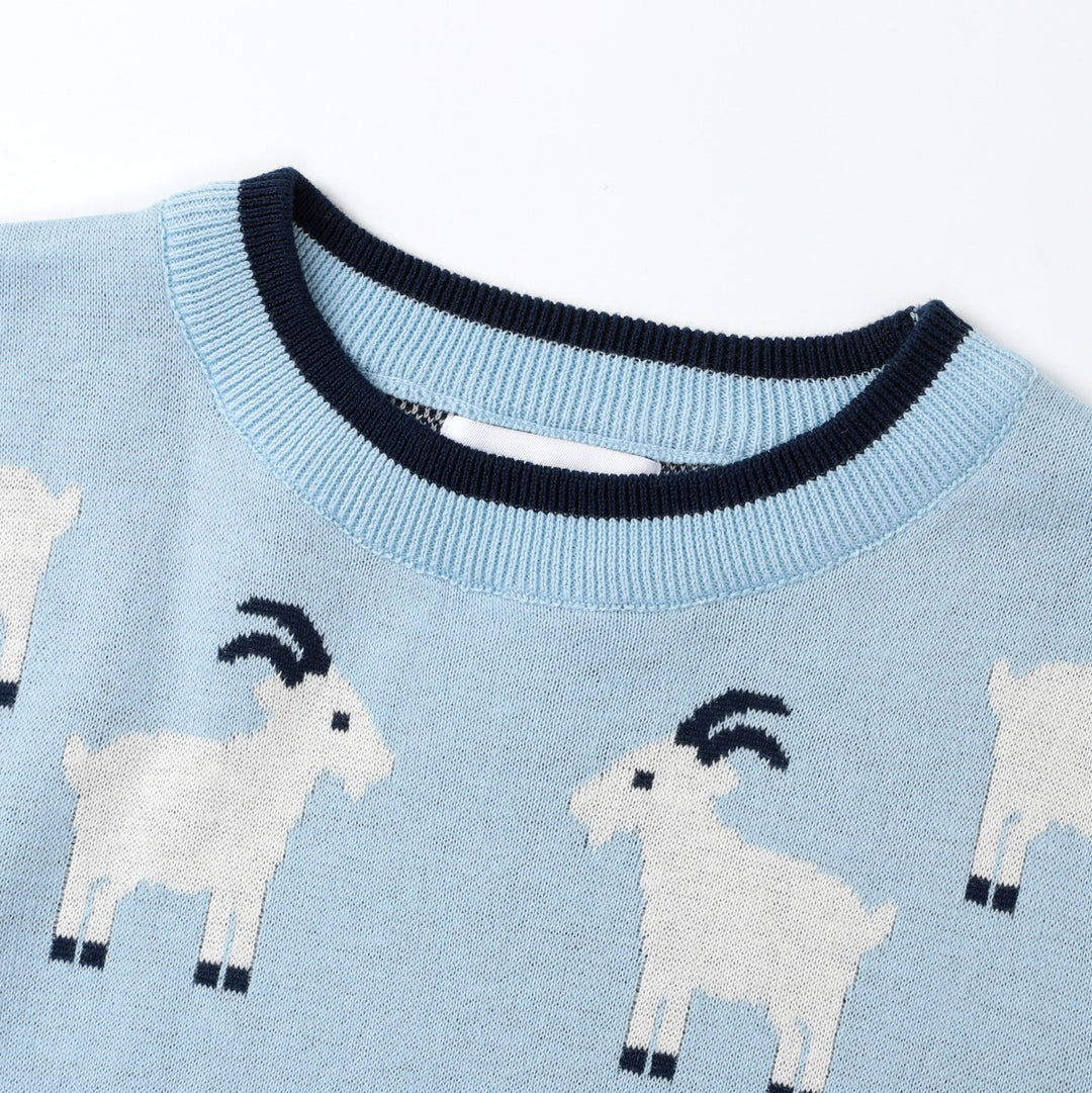 Women's Blue Vintage Collegiate Animal Jacquard Crew Neck Knit Sweater