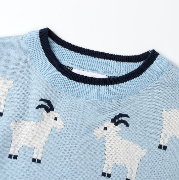 Women's Blue Vintage Collegiate Animal Jacquard Crew Neck Knit Sweater