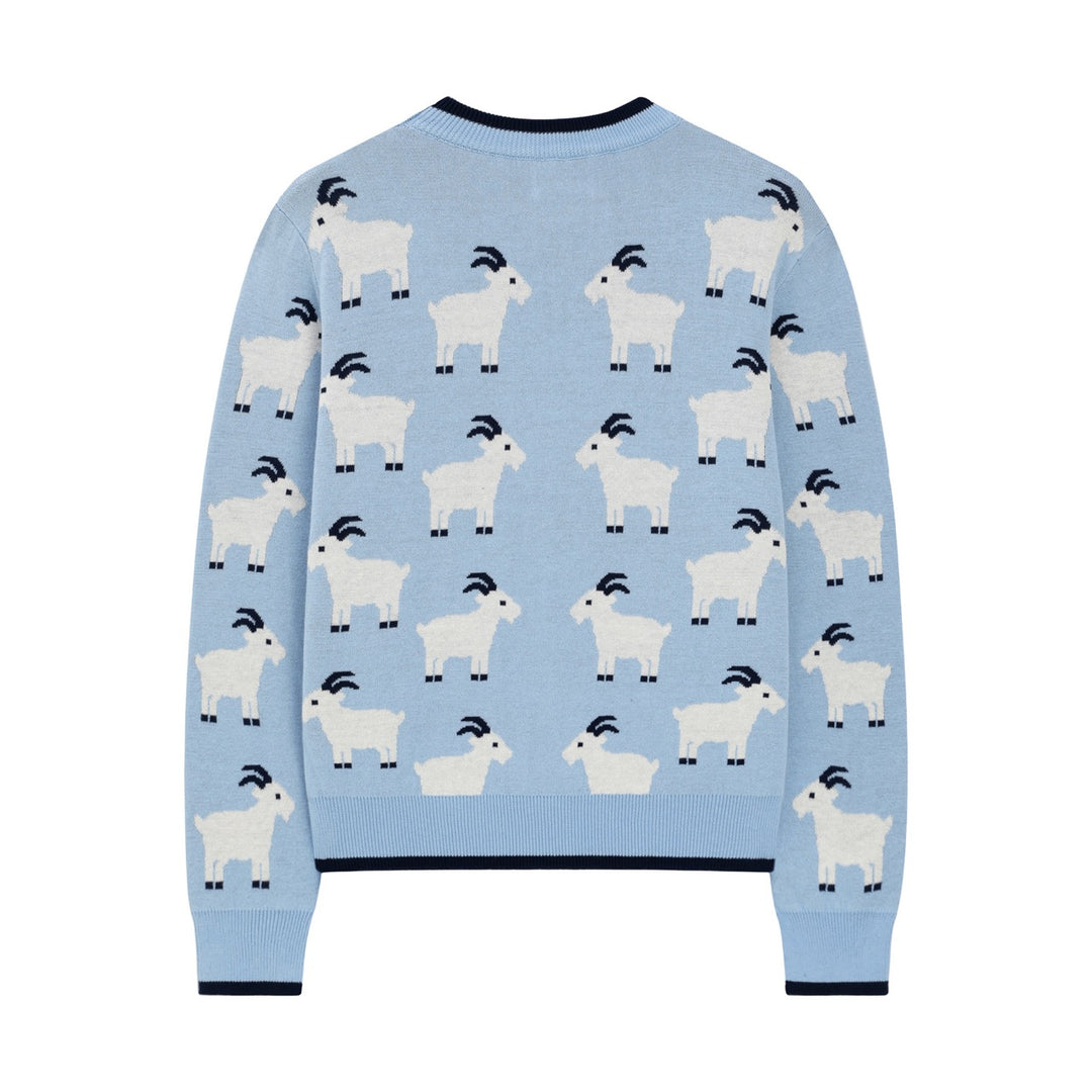 Women's Blue Vintage Collegiate Animal Jacquard Crew Neck Knit Sweater