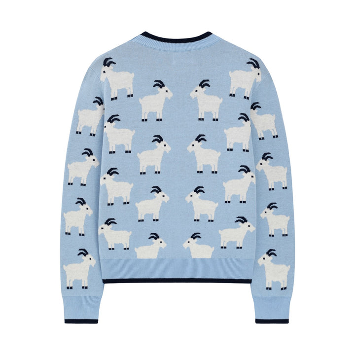 Women's Blue Vintage Collegiate Animal Jacquard Crew Neck Knit Sweater