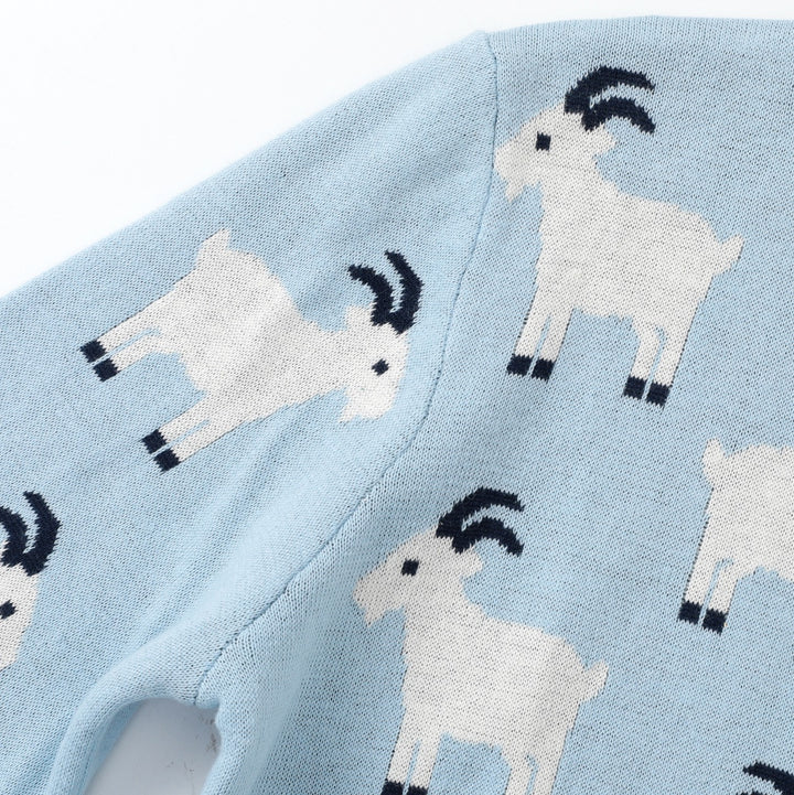 Women's Blue Vintage Collegiate Animal Jacquard Crew Neck Knit Sweater