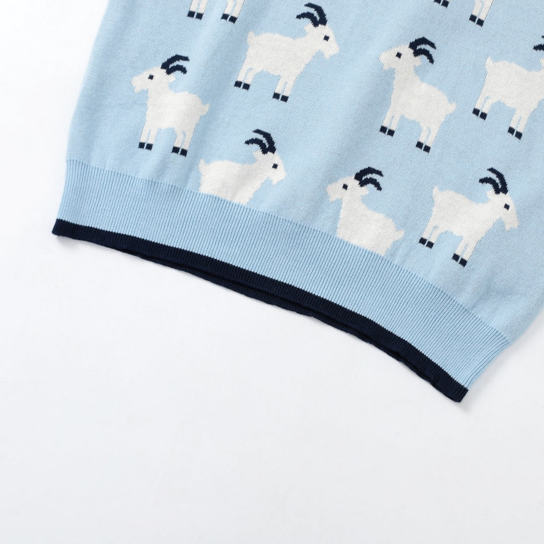 Women's Blue Vintage Collegiate Animal Jacquard Crew Neck Knit Sweater