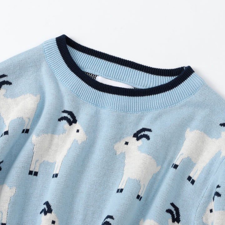 Women's Blue Vintage Collegiate Animal Jacquard Crew Neck Knit Sweater