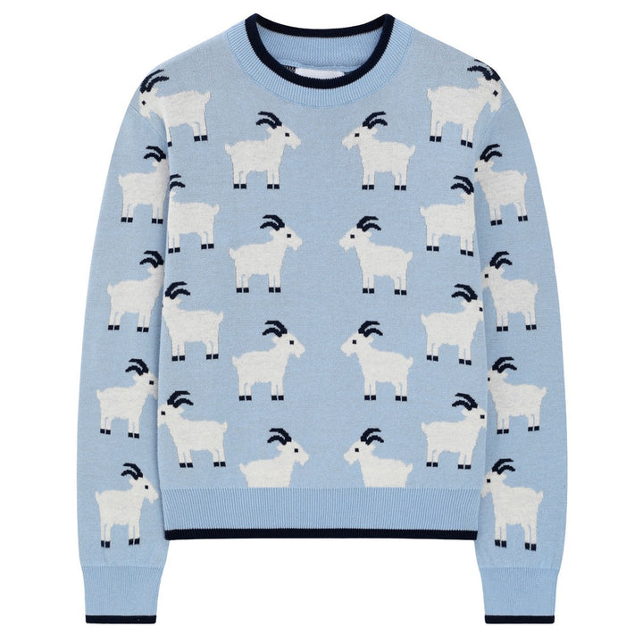 Women's Blue Vintage Collegiate Animal Jacquard Crew Neck Knit Sweater