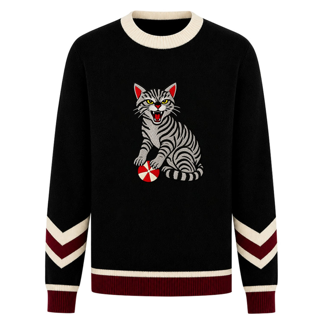 Men's Black Vintage Fun Cat Embroidered Crew Neck Knit Sweater