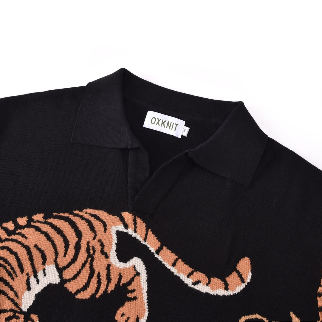 Herre Sort Vintage Kunstnerisk Tiger Print Jacquard Polo Striktrøje