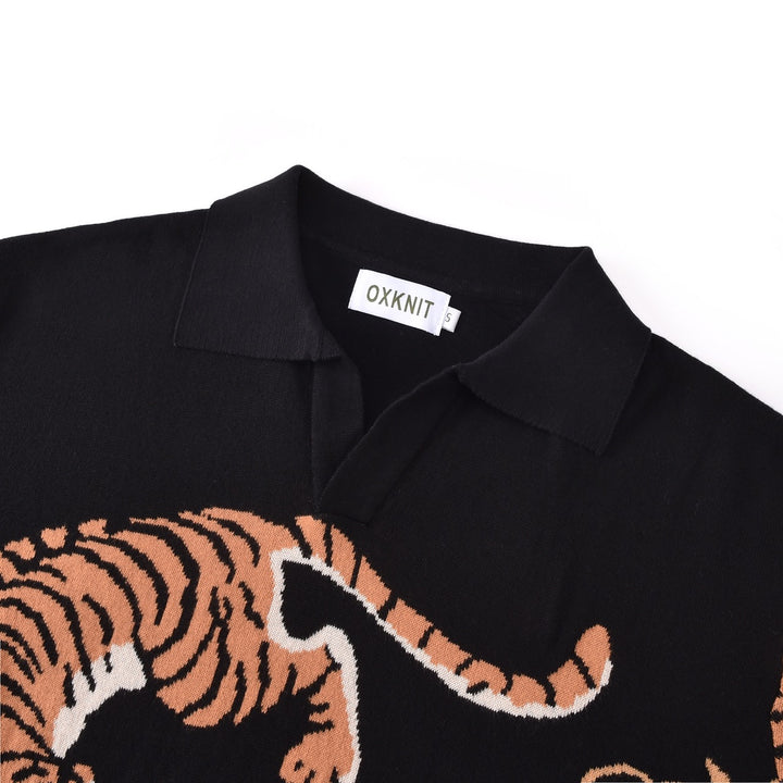 Herre Sort Vintage Kunstnerisk Tiger Print Jacquard Polo Striktrøje
