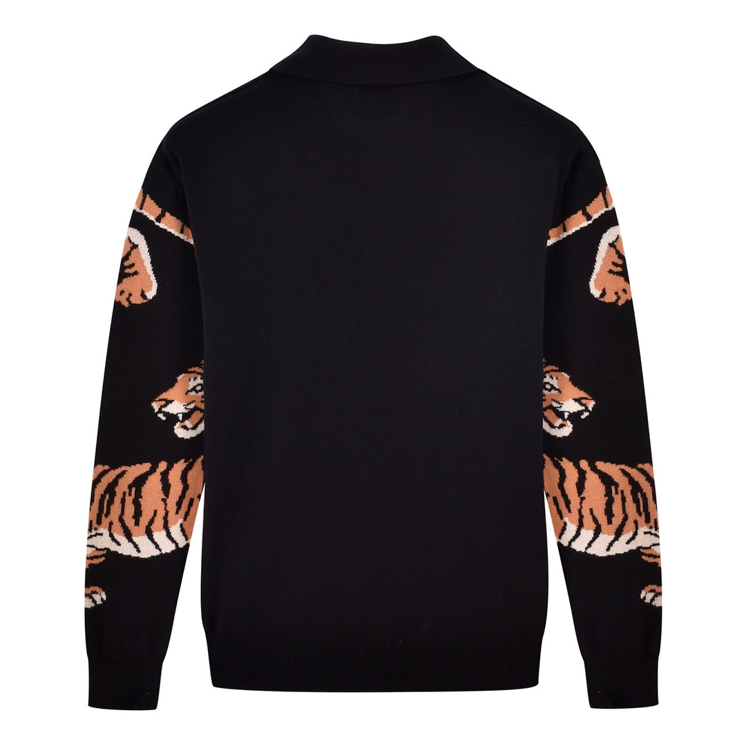 Herre Sort Vintage Kunstnerisk Tiger Print Jacquard Polo Striktrøje