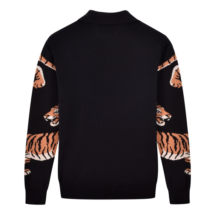 Herre Sort Vintage Kunstnerisk Tiger Print Jacquard Polo Striktrøje