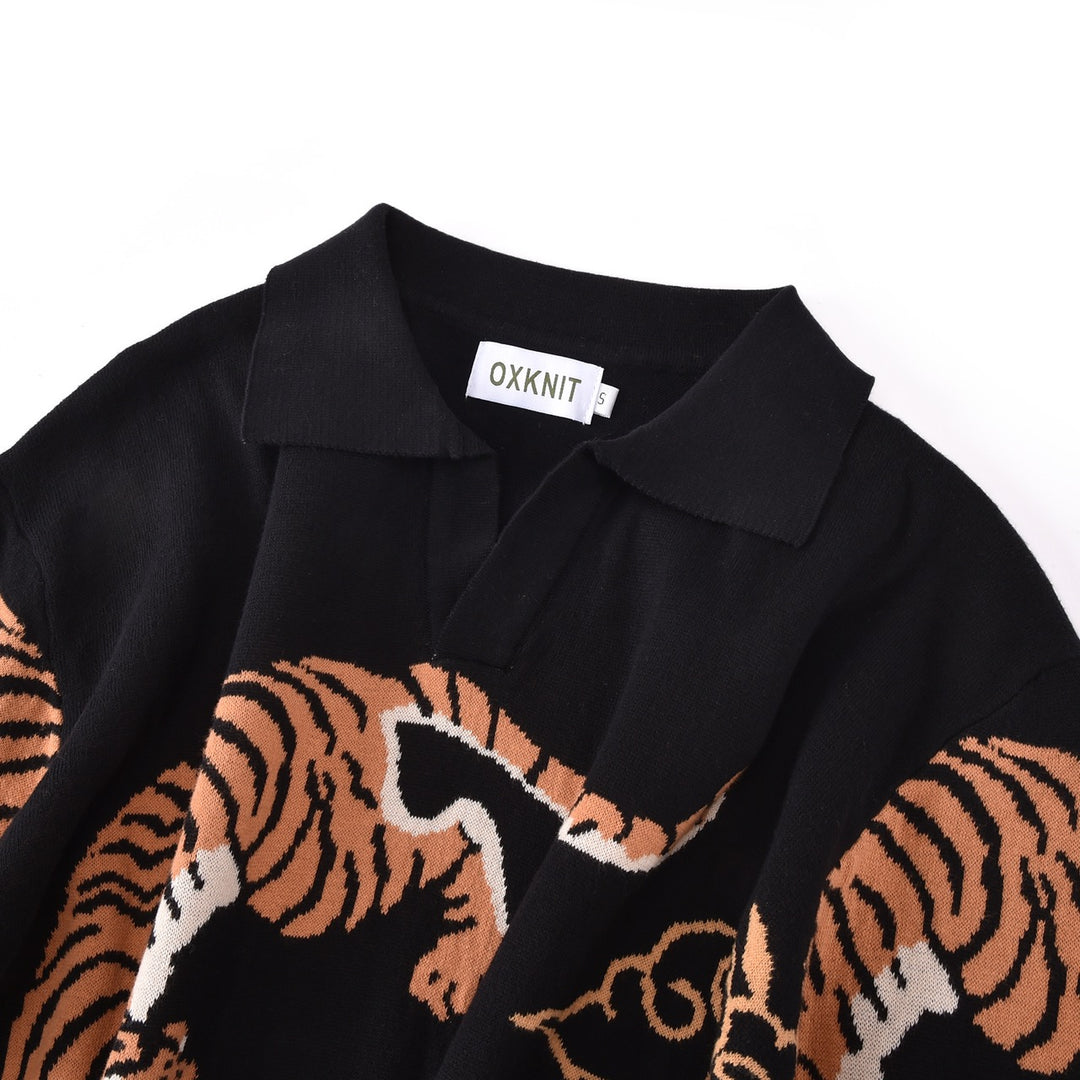 Herre Sort Vintage Kunstnerisk Tiger Print Jacquard Polo Striktrøje
