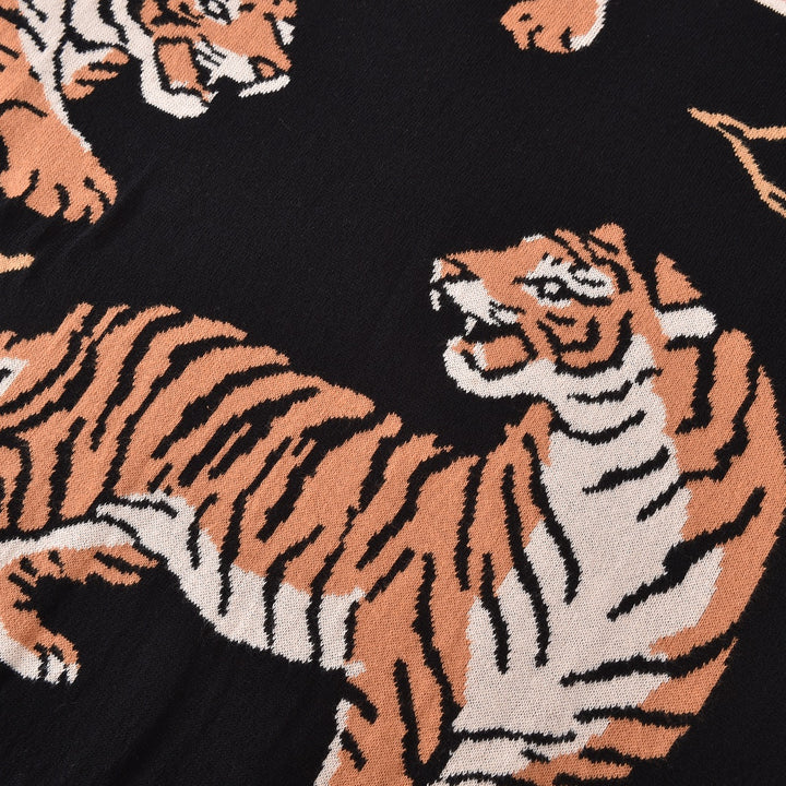 Herre Sort Vintage Kunstnerisk Tiger Print Jacquard Polo Striktrøje