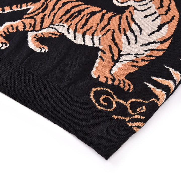 Herre Sort Vintage Kunstnerisk Tiger Print Jacquard Polo Striktrøje