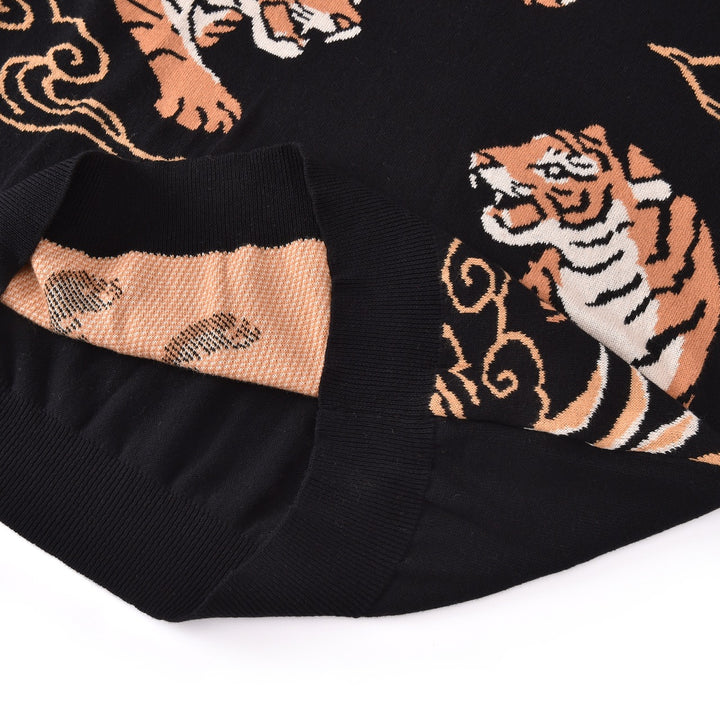 Herre Sort Vintage Kunstnerisk Tiger Print Jacquard Polo Striktrøje