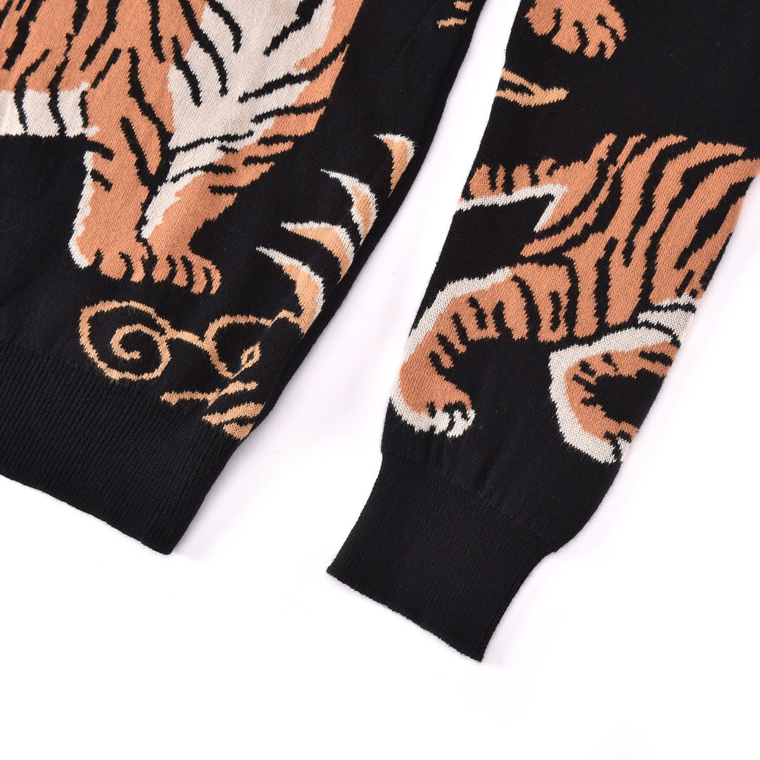 Herre Sort Vintage Kunstnerisk Tiger Print Jacquard Polo Striktrøje