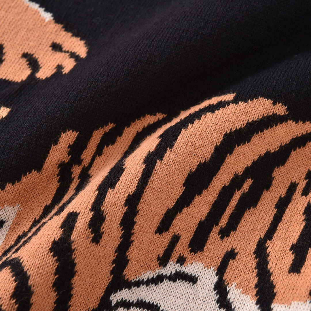 Herre Sort Vintage Kunstnerisk Tiger Print Jacquard Polo Striktrøje