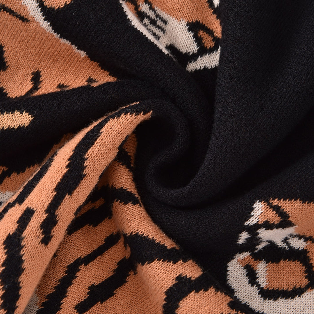 Herre Sort Vintage Kunstnerisk Tiger Print Jacquard Polo Striktrøje