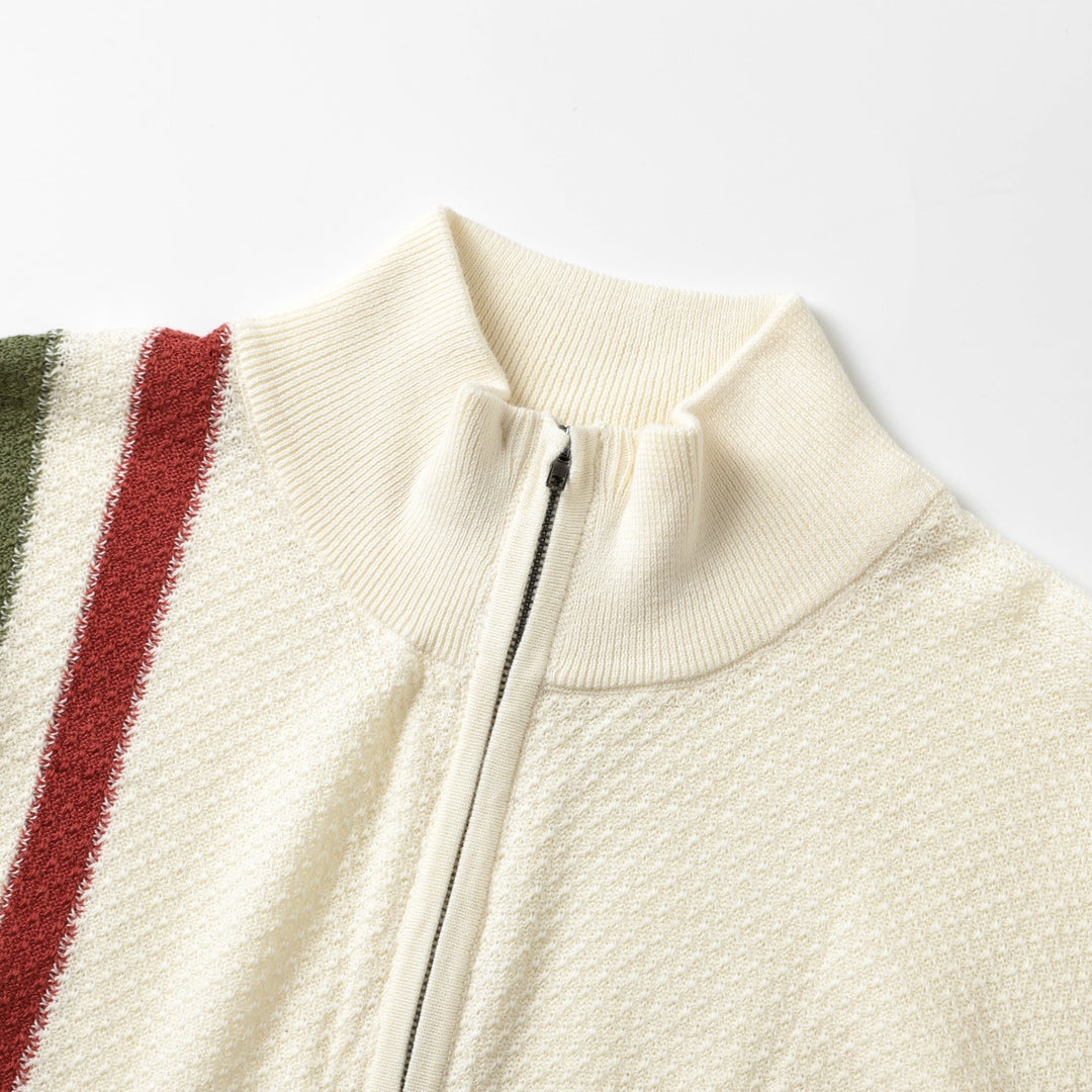 Men's Beige Italian Vintage Sporty Mock Neck Zip-Up Knit Sweater