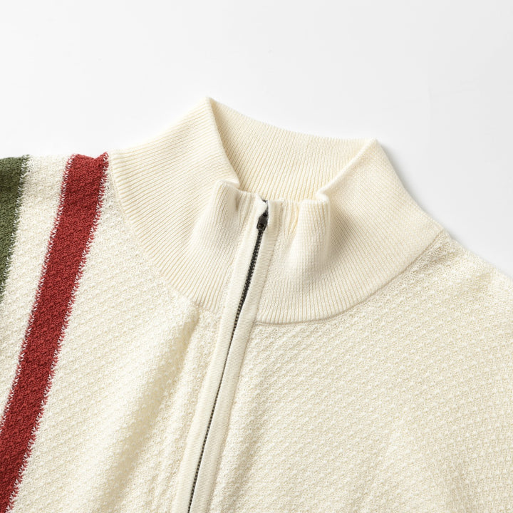 Men's Beige Italian Vintage Sporty Mock Neck Zip-Up Knit Sweater