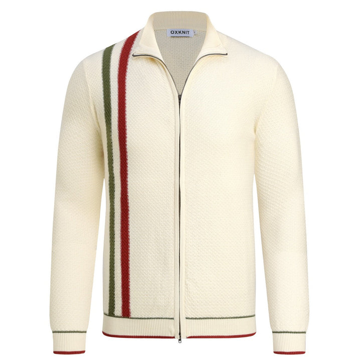 Men's Beige Italian Vintage Sporty Mock Neck Zip-Up Knit Sweater