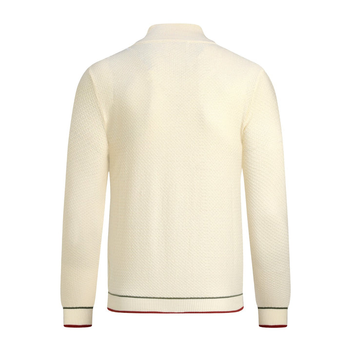 Men's Beige Italian Vintage Sporty Mock Neck Zip-Up Knit Sweater