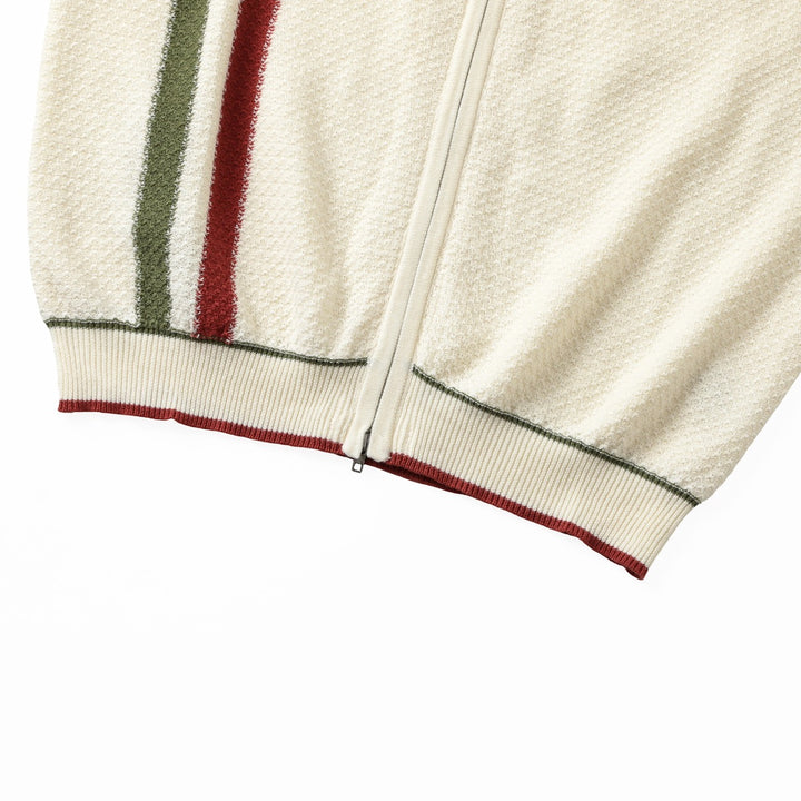 Men's Beige Italian Vintage Sporty Mock Neck Zip-Up Knit Sweater