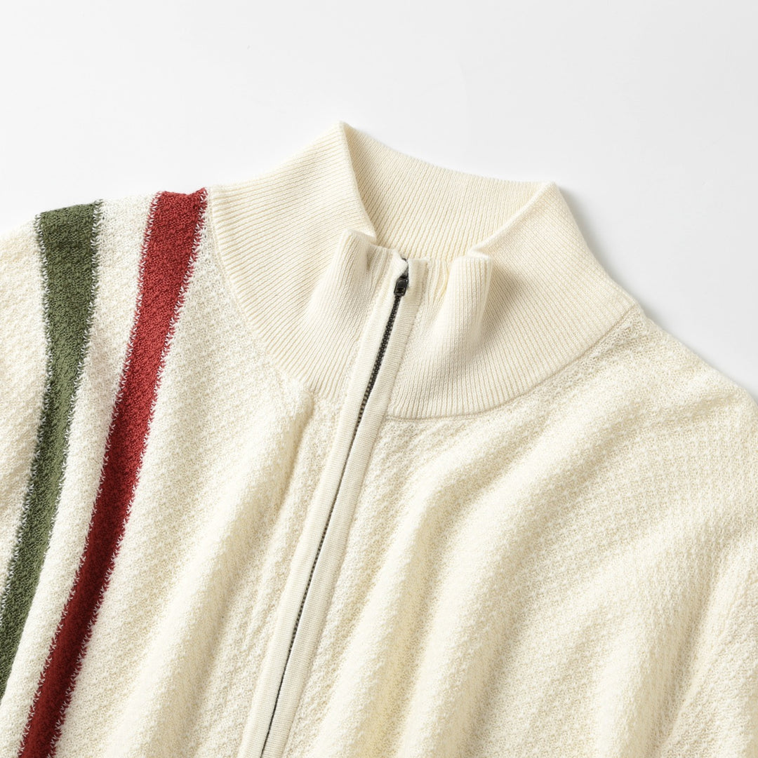 Men's Beige Italian Vintage Sporty Mock Neck Zip-Up Knit Sweater