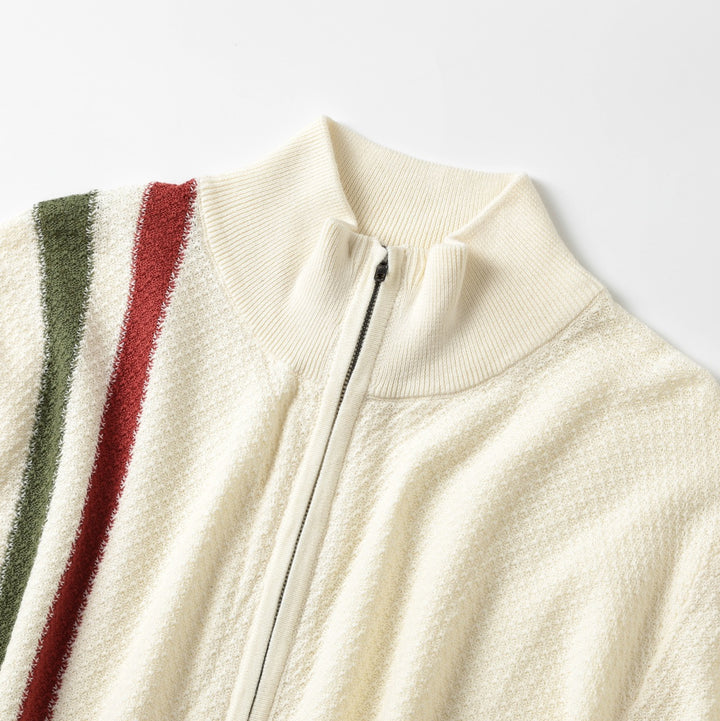 Men's Beige Italian Vintage Sporty Mock Neck Zip-Up Knit Sweater
