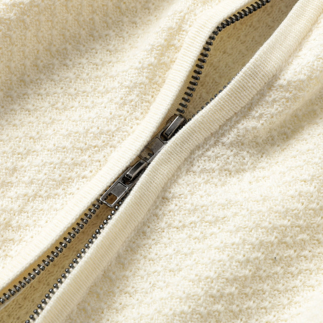 Men's Beige Italian Vintage Sporty Mock Neck Zip-Up Knit Sweater