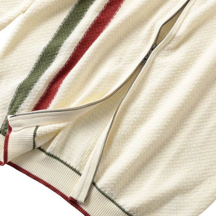 Men's Beige Italian Vintage Sporty Mock Neck Zip-Up Knit Sweater