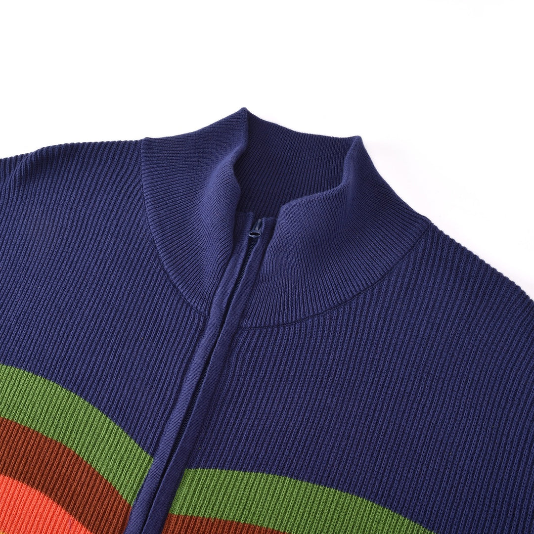 Herre Marineblå Vintage Sporty College Ståkrage Glidelåslomme Strikkegenser