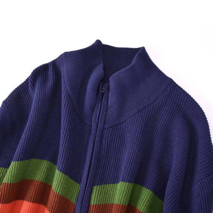 Herre Marineblå Vintage Sporty College Ståkrage Glidelåslomme Strikkegenser