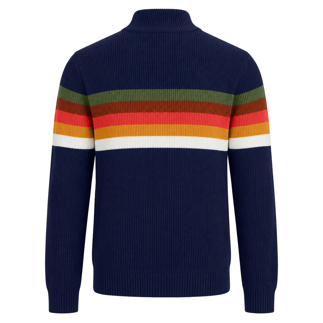 Men's Navy Blue Vintage Sporty Collegiate Stand Collar Zip Pocket Knit Sweater