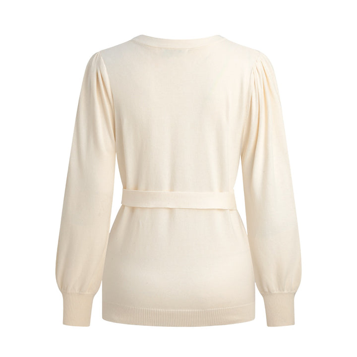 Dame Beige 70-talls Romantisk Sommerfugl Brodert Strikket Cardigan med Knyting foran