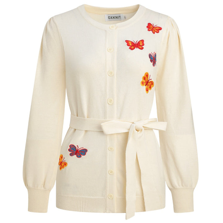 Dame Beige 70-talls Romantisk Sommerfugl Brodert Strikket Cardigan med Knyting foran