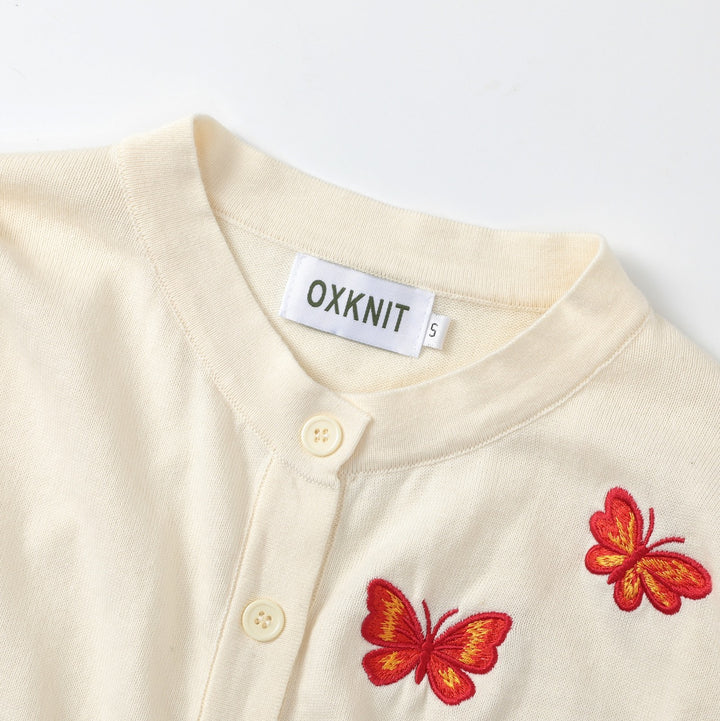 Dame Beige 70-talls Romantisk Sommerfugl Brodert Strikket Cardigan med Knyting foran