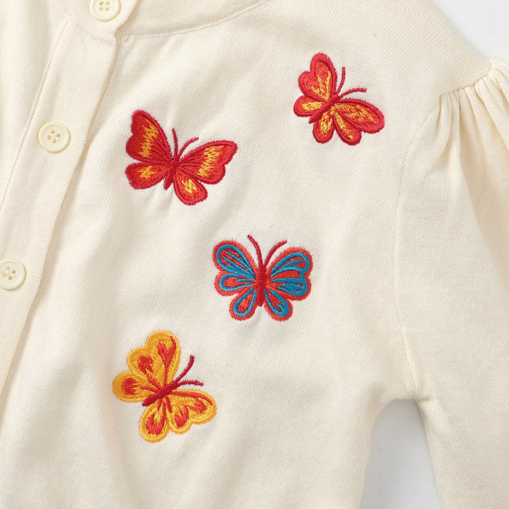 Dame Beige 70-talls Romantisk Sommerfugl Brodert Strikket Cardigan med Knyting foran