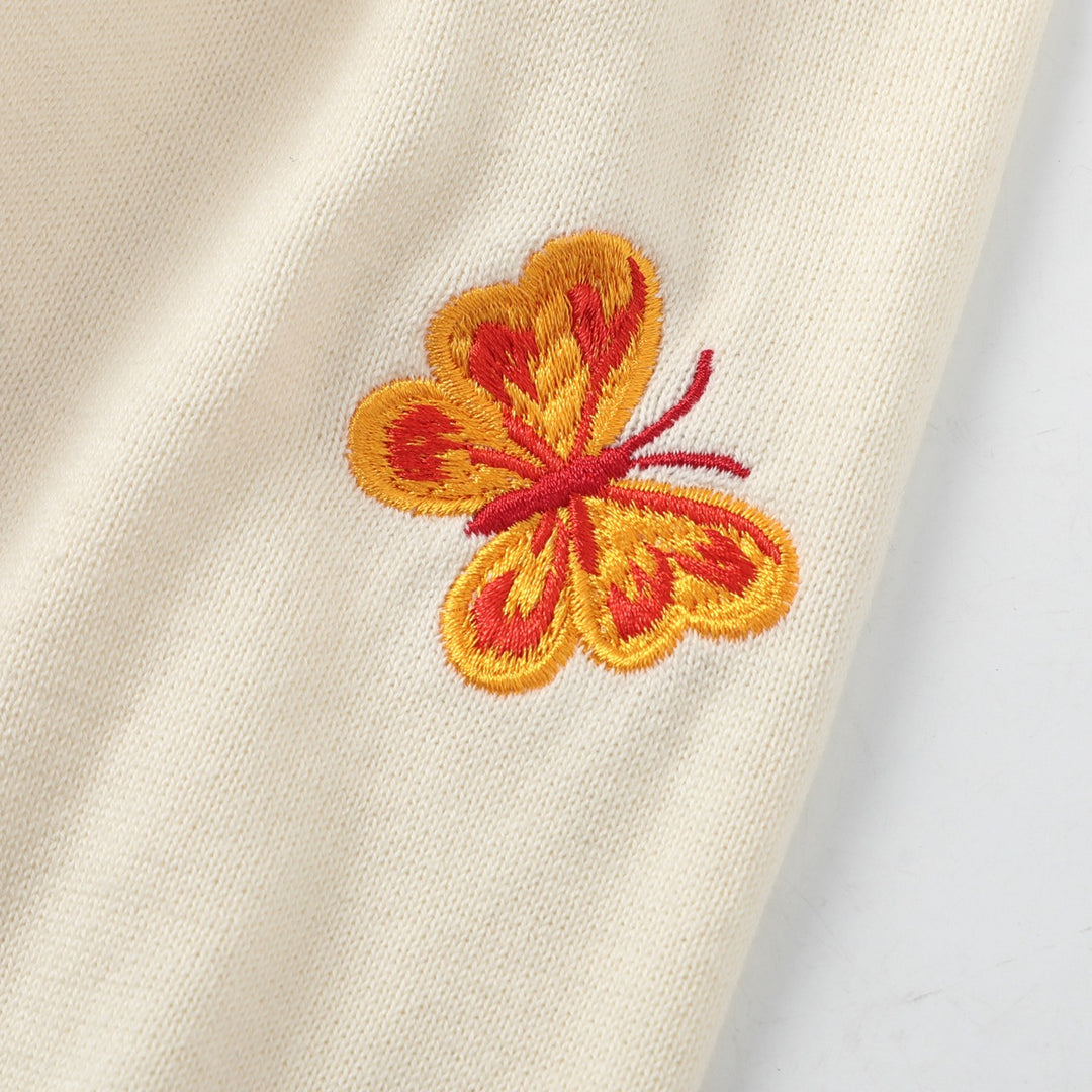 Dame Beige 70-talls Romantisk Sommerfugl Brodert Strikket Cardigan med Knyting foran