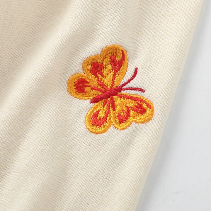 Dame Beige 70-talls Romantisk Sommerfugl Brodert Strikket Cardigan med Knyting foran