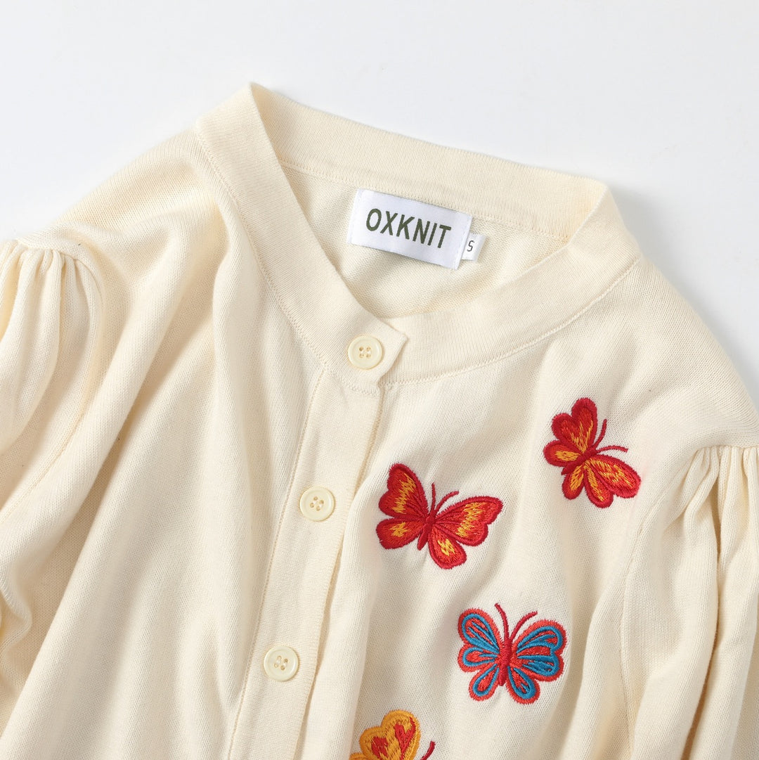 Dame Beige 70-talls Romantisk Sommerfugl Brodert Strikket Cardigan med Knyting foran