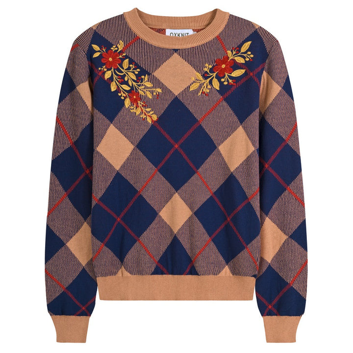 Women's Khaki Vintage Argyle Floral Embroidered Collegiate Knit Sweater
