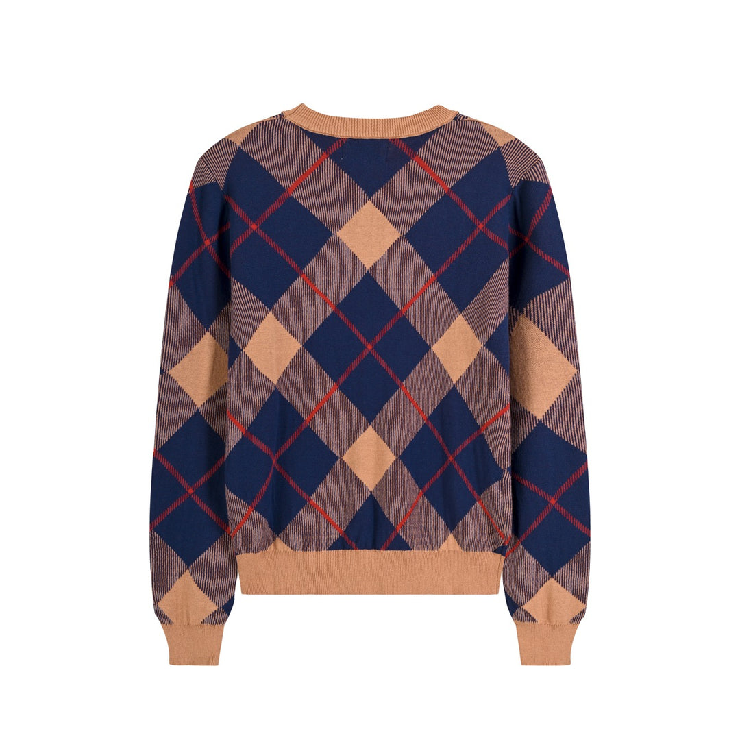 Women's Khaki Vintage Argyle Floral Embroidered Collegiate Knit Sweater