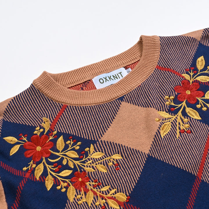 Women's Khaki Vintage Argyle Floral Embroidered Collegiate Knit Sweater