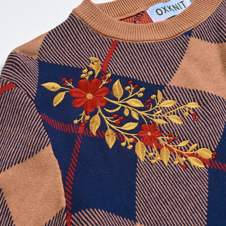 Women's Khaki Vintage Argyle Floral Embroidered Collegiate Knit Sweater